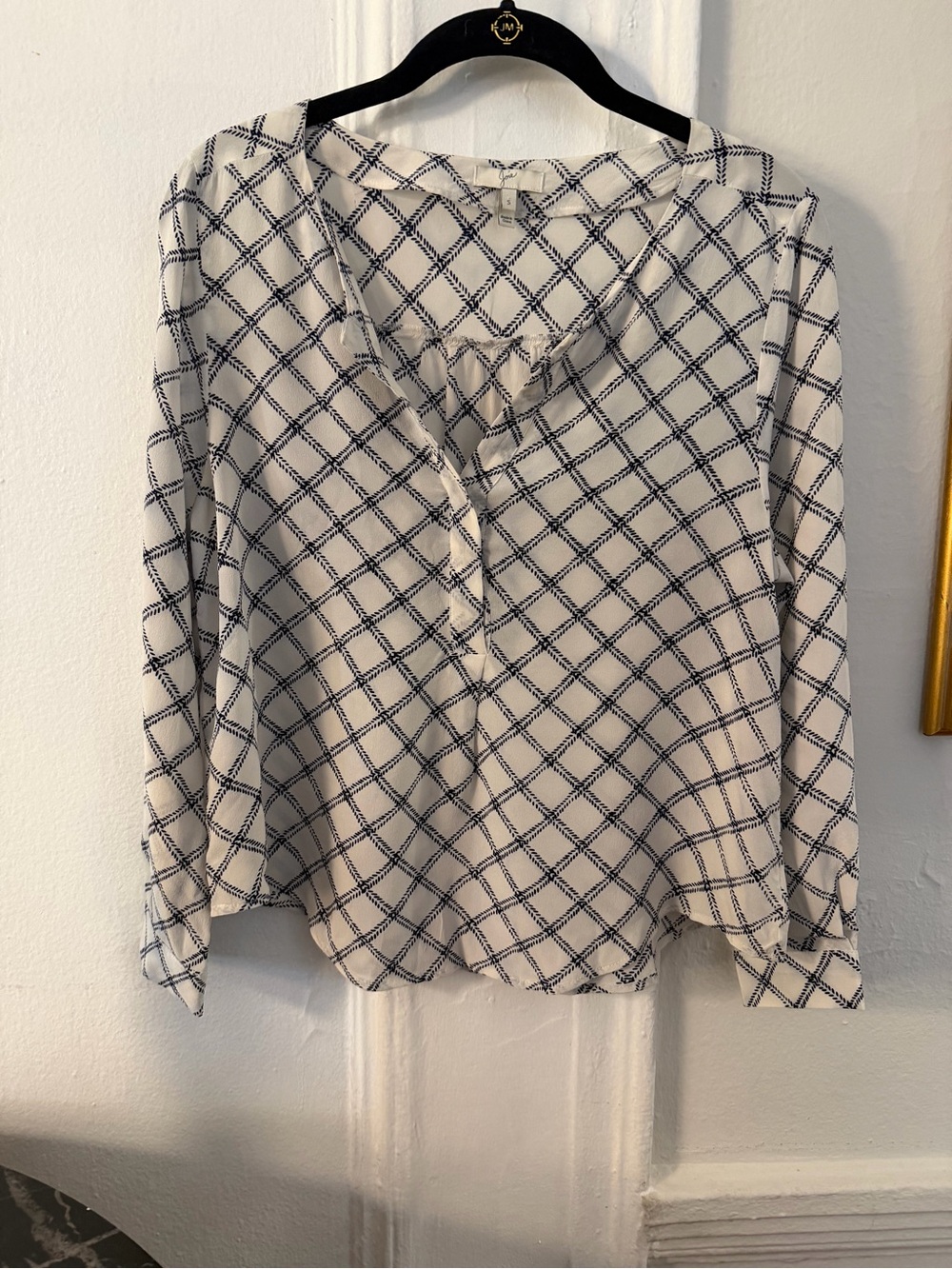 Joie 100% Silk White Blouse with Navy Grid Pattern